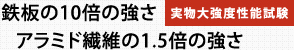 鉄板の10倍の強さ（実物大強度性能試験）アラミド繊維の1.5倍の強さ